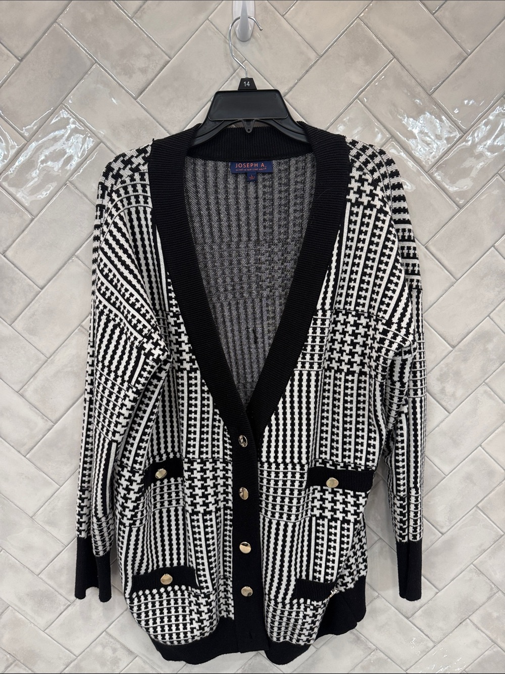 Joseph Black & White Houndstooth Pattern Cardigan with Gold Buttons